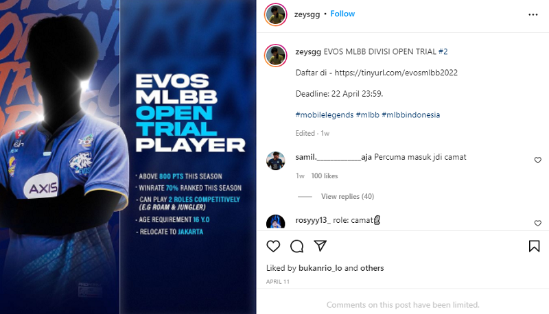 Open Trial EVOS Khusus Divisi MLBB. Begini Syaratnya