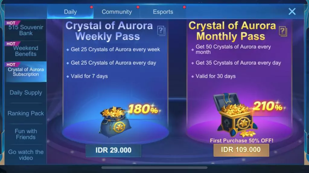 Crystal Aurora Monthly Pass yang bisa dibeli setiap bulannya untuk mendapatkan Crystal of Aurora