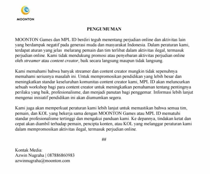 Pengumuman Moonton dan MPL ID