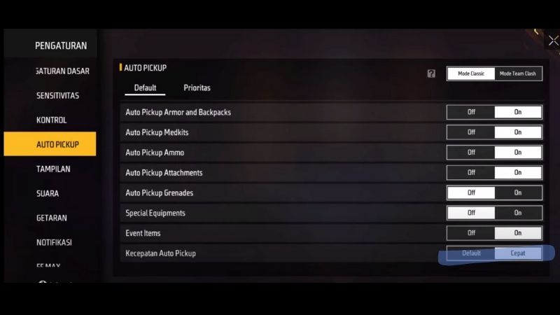 Pengaturan Auto Pickup Free Fire